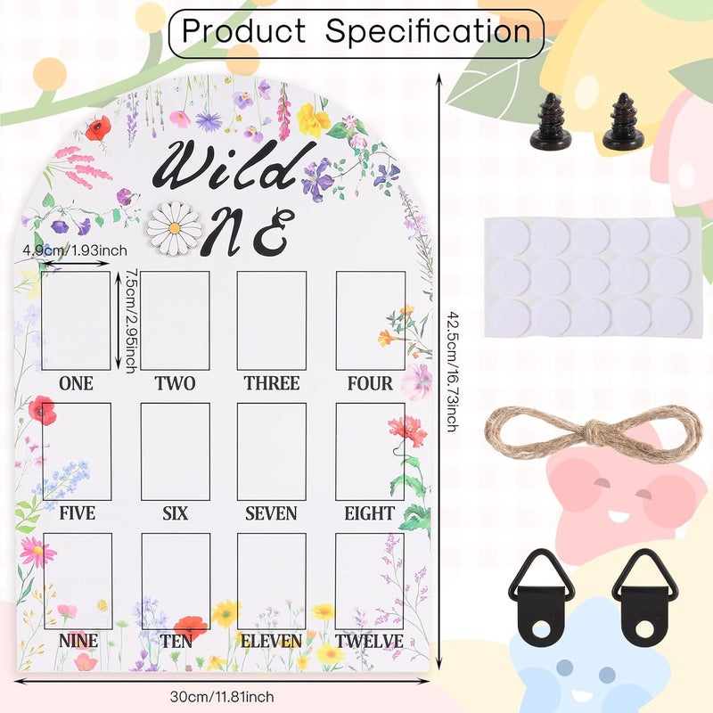 RANERVZ My First Year Photo Display Sign from 1-12 Months Wild One Flower Wooden Picture Frame for 1st Birthday Party Decorations Milestone Monthly Board for Girl One Birthday Nursery Decor Baby Keepsake Gift - Image 2